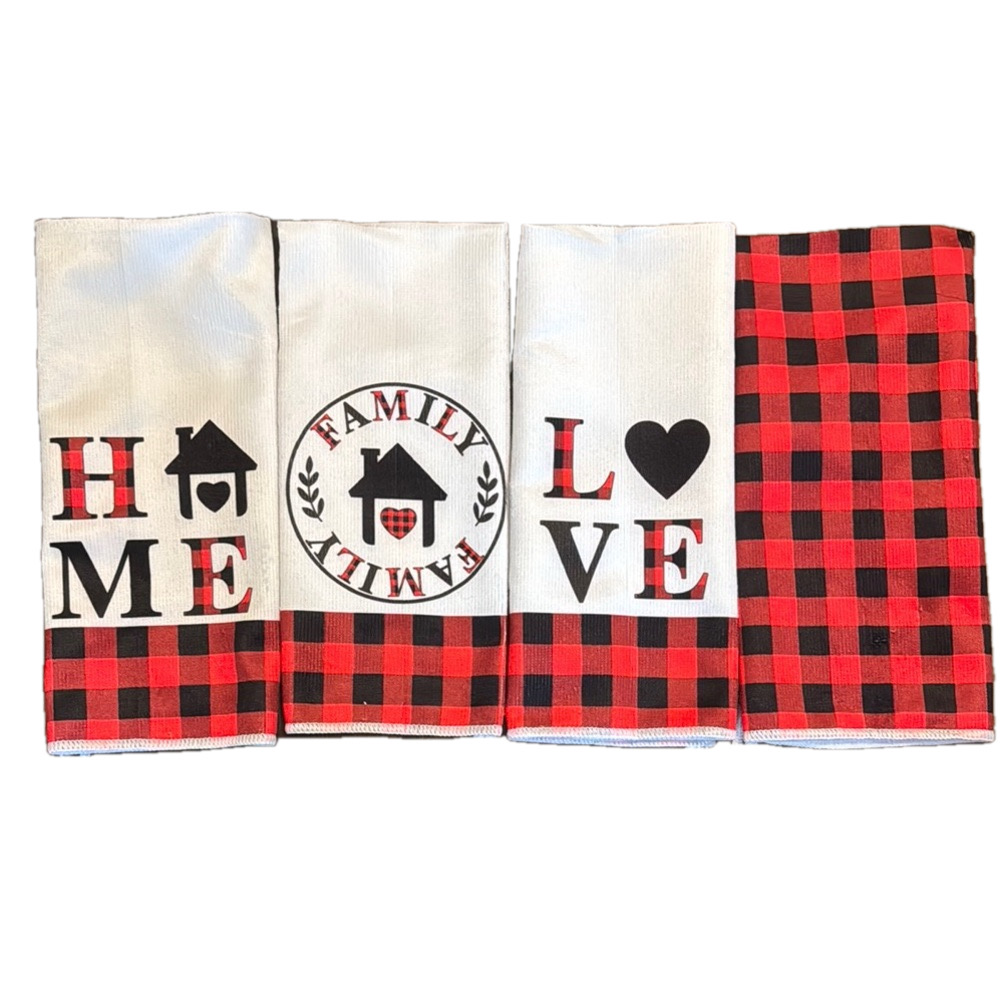 Rustic Red and Black Kitchen Towel Set of 4 with Buffalo Plaid NWOT